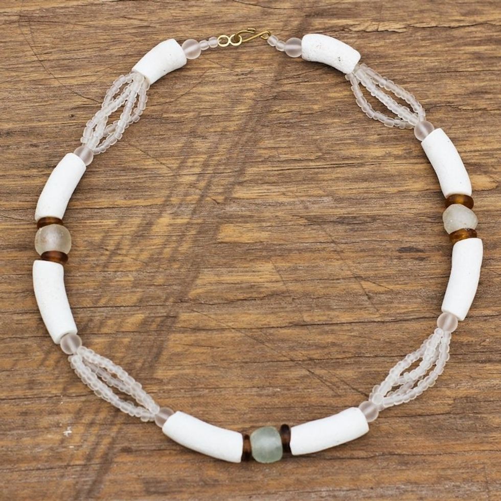 White Recycled Glass Beaded Necklace from Ghana Jewelry 'African Glamour'