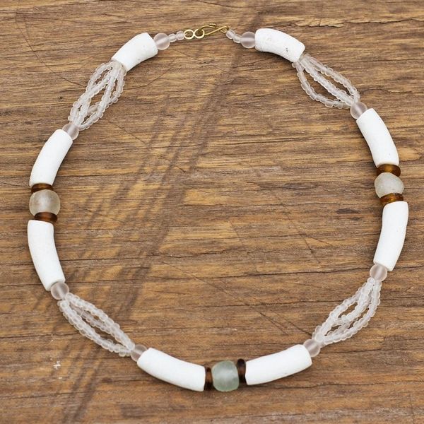 Alternate image for White Recycled Glass Beaded Necklace from Ghana Jewelry African Glamour