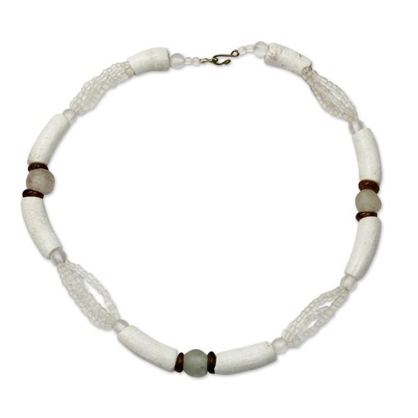 Alternate image for White Recycled Glass Beaded Necklace from Ghana Jewelry African Glamour