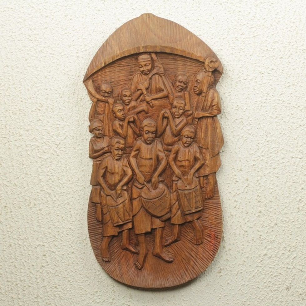 Traditional Ghanaian Festival Scene in Hand-Carved Teak 'Chief's Procession'