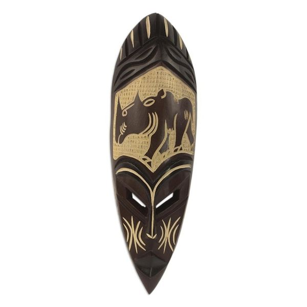 Alternate image for Handcrafted Sese Wood African Rhino Mask from Ghana Brown Rhino
