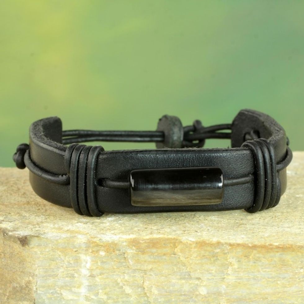 Men's Horn and Black Leather Wristband Bracelet 'Bound Strength in Black'