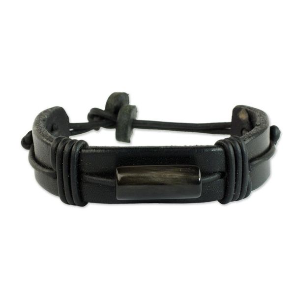 Alternate image for Mens Horn and Black Leather Wristband Bracelet Bound Strength in Black
