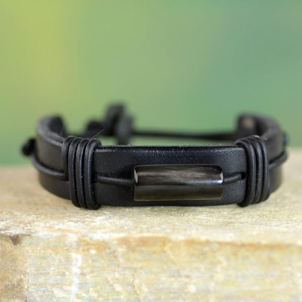 Alternate image for Mens Horn and Black Leather Wristband Bracelet Bound Strength in Black