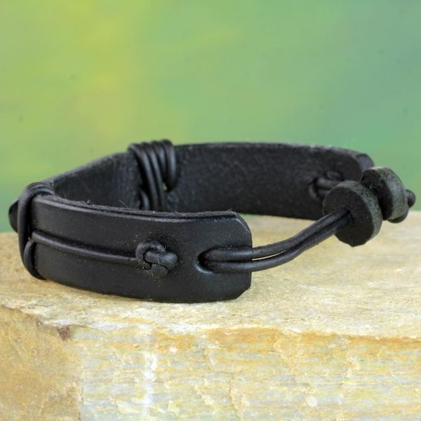 Alternate image for Mens Horn and Black Leather Wristband Bracelet Bound Strength in Black