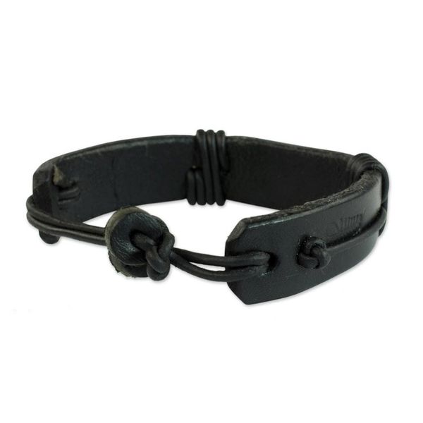 Alternate image for Mens Horn and Black Leather Wristband Bracelet Bound Strength in Black