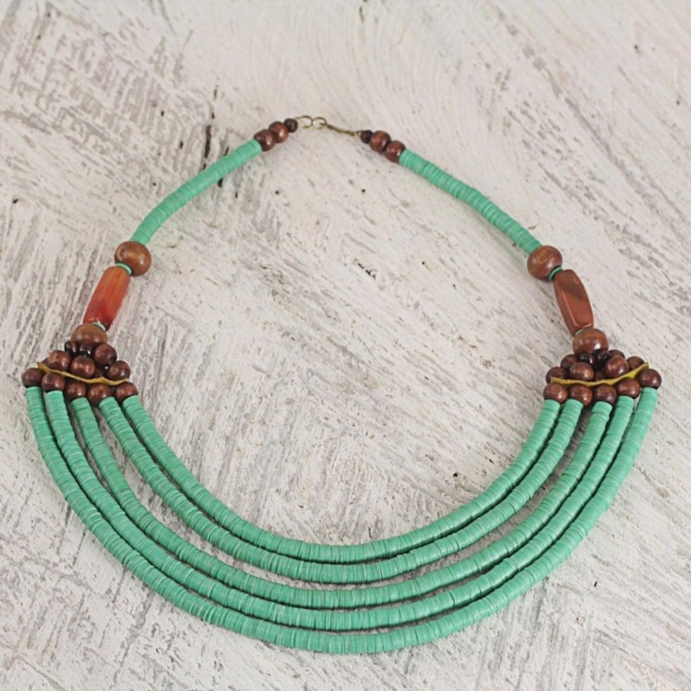 Hand Crafted Agate and Wood African Green Beaded Necklace 'Wend Panga in Green'