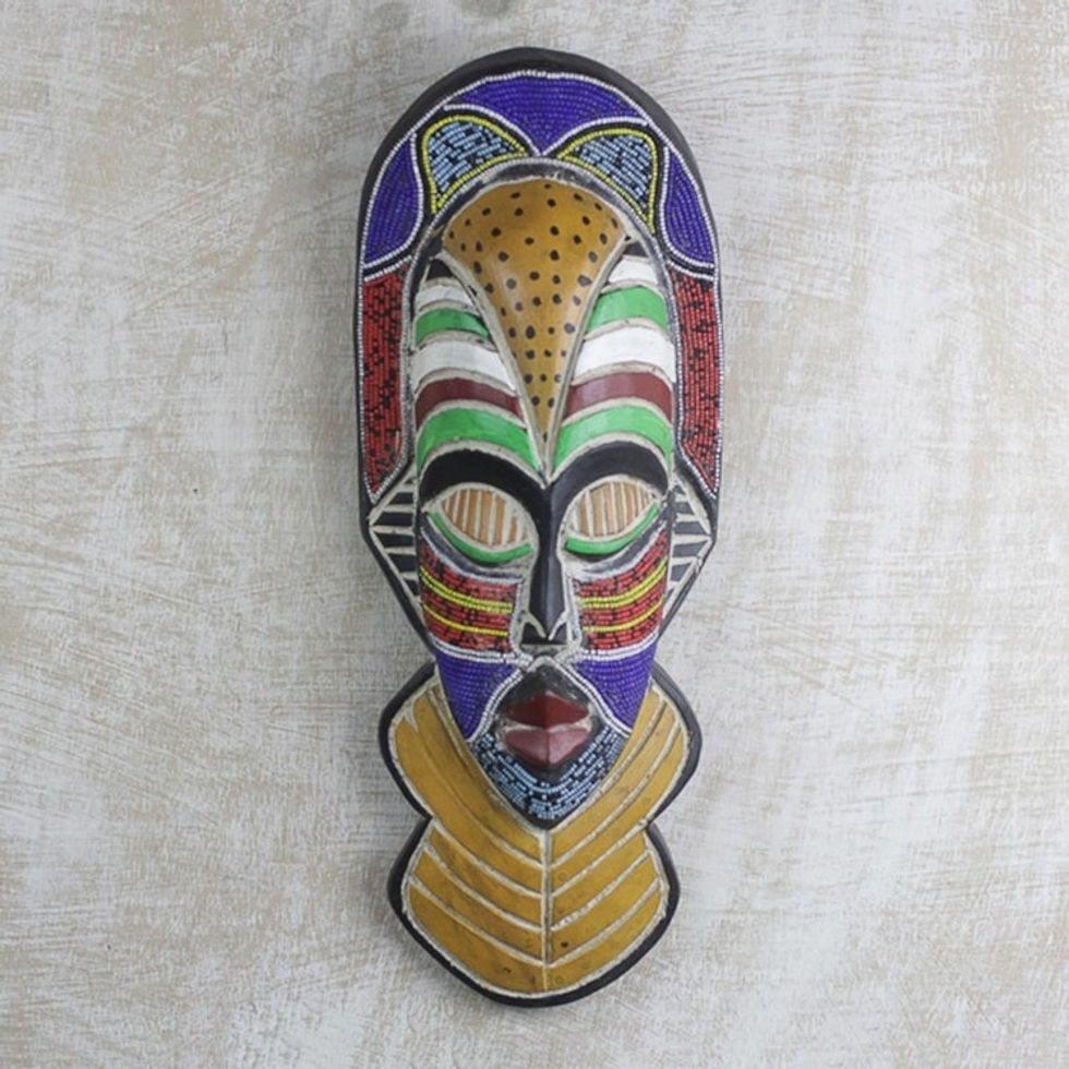 Sese Wood and Recycled Glass Beaded Wall Mask from Ghana 'Sinethemba'