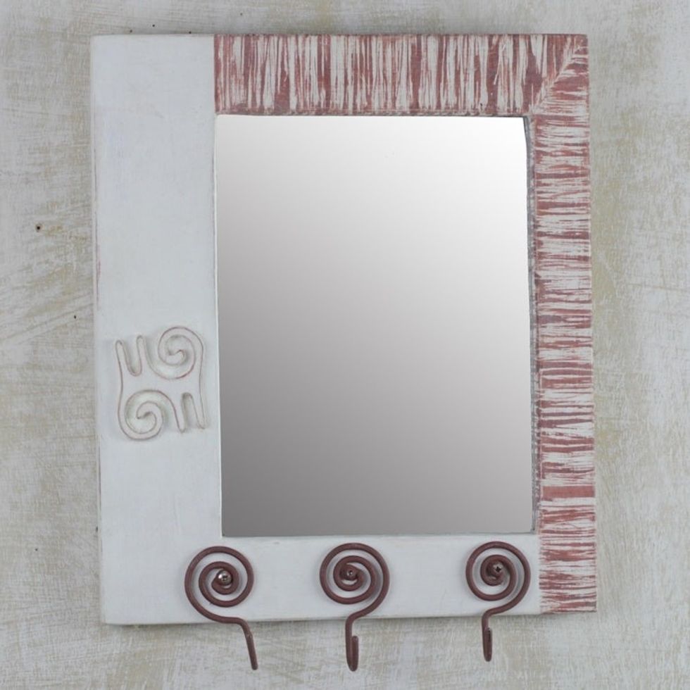 Adinkra Motif Wood Wall Mirror with Three Accessory Hooks 'Adinkra Reflections'