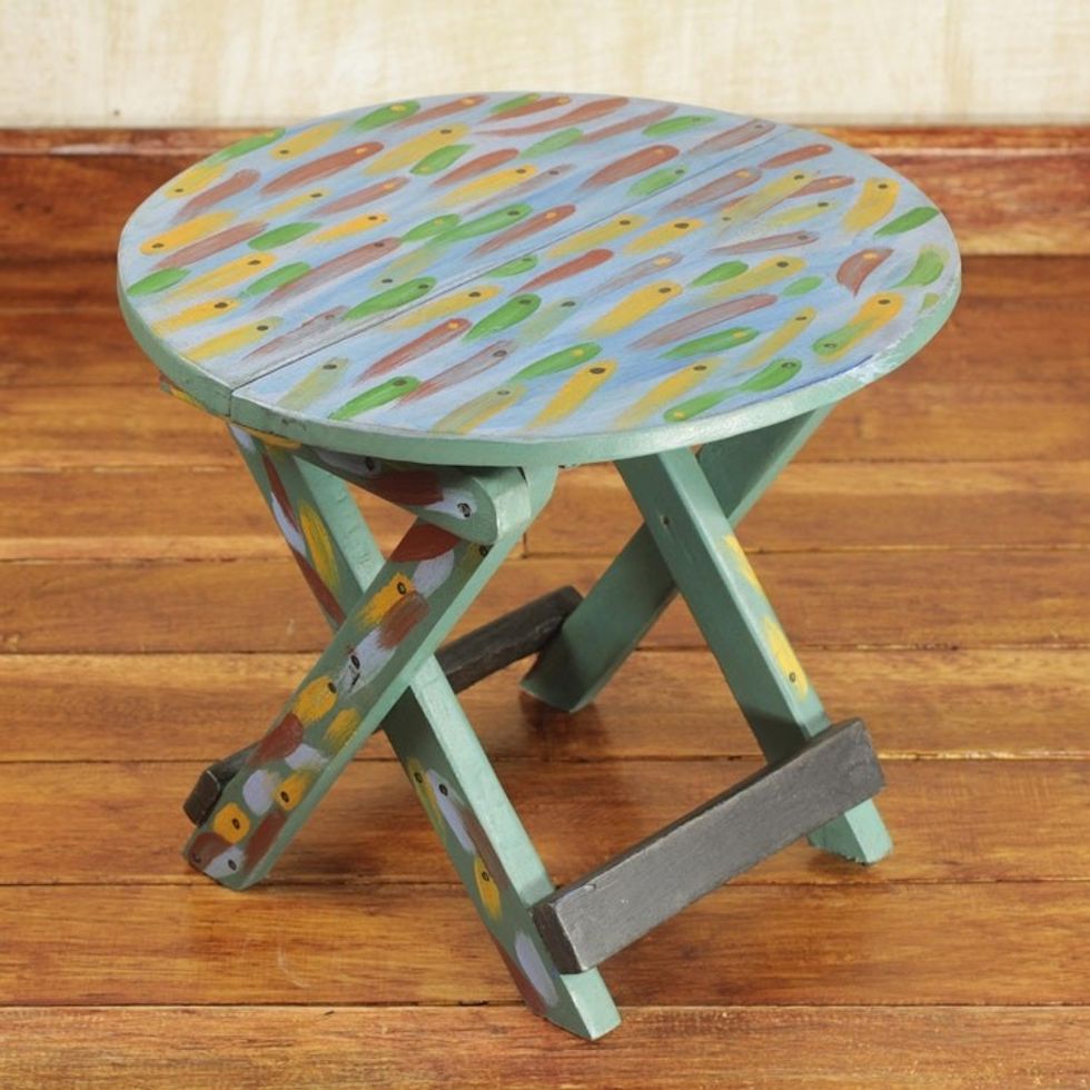 Ghana Hand Crafted and Painted Sese Wood Fish Folding Table 'School of Fishes'