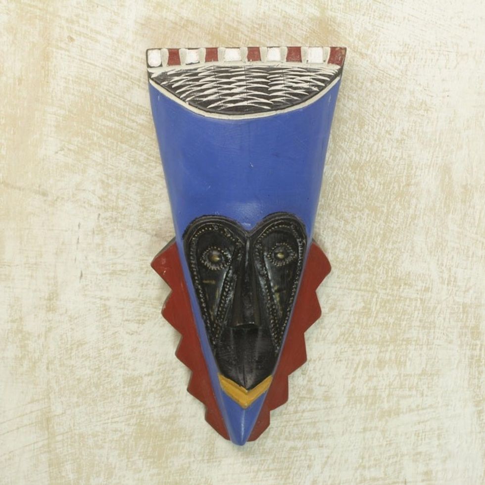 Brass Inlay Blue African Mask Hand Carved of Wood 'A Wealthy Man'