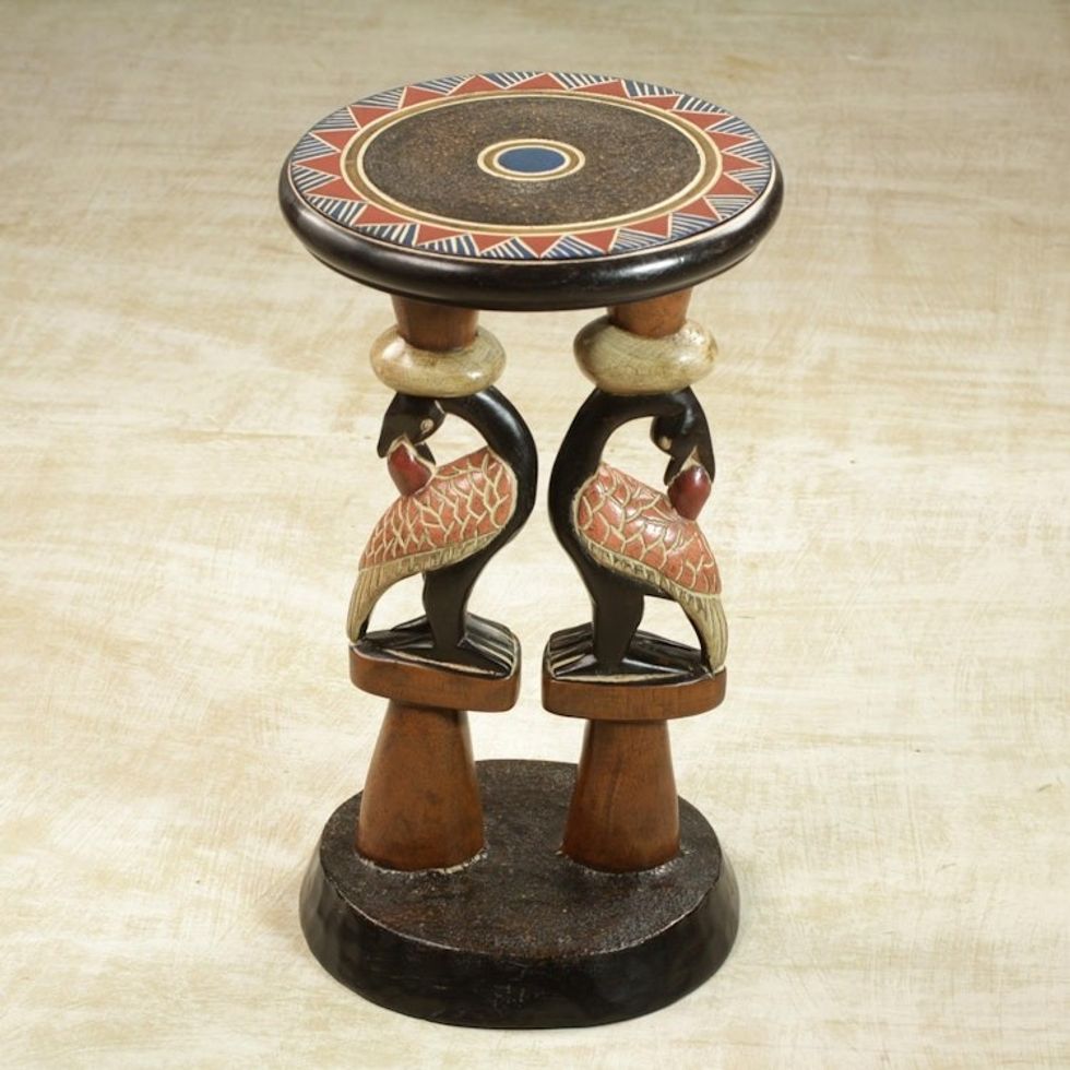 Hand-Carved Cedarwood Adinkra Accent Table from Ghana 'Sankofa Duo'