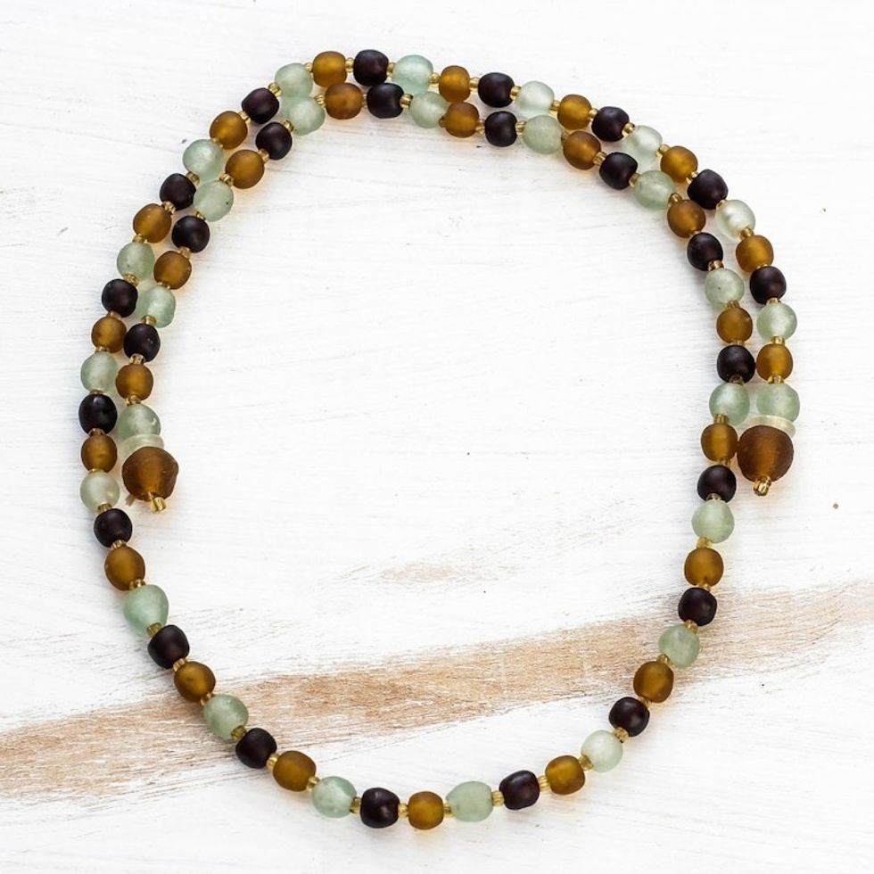 Recycled Glass Beaded Lariat Necklace from Ghana 'Beautiful Tie'