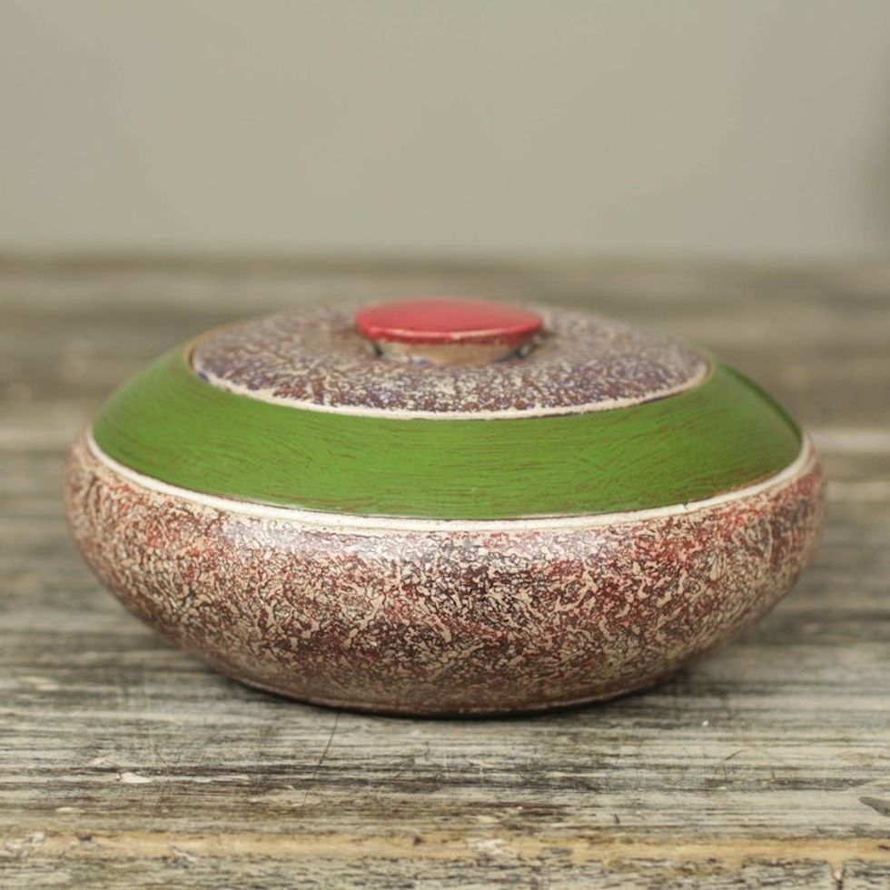 Traditional Akan Decorative Wood Trinket Box Crafted by Hand 'Green Akan Promise'