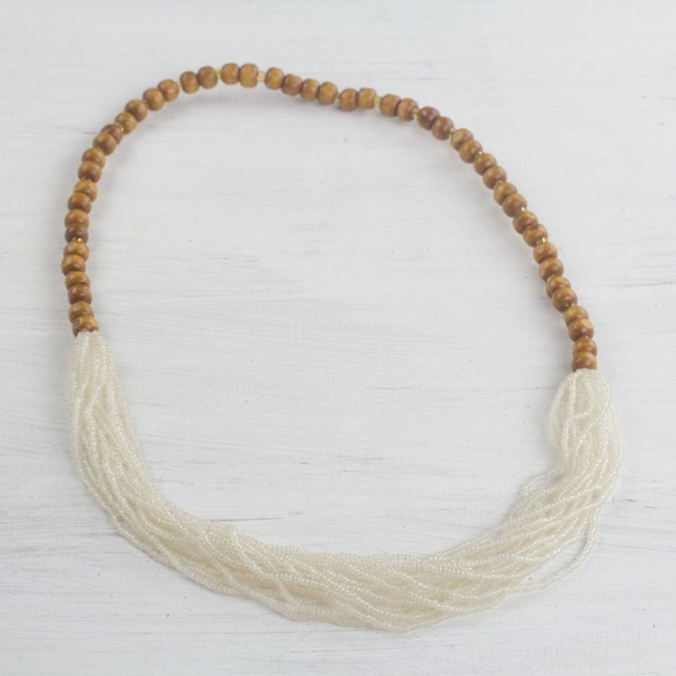 Recycled Glass Beaded Necklace in Cool White from Ghana 'Cool White Beauty'