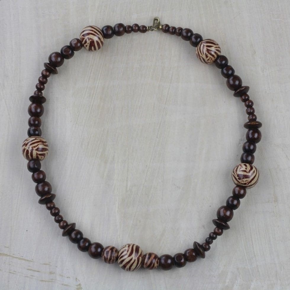 Zebra Motif Sese Wood Beaded Necklace from Ghana 'Zebra Queen'