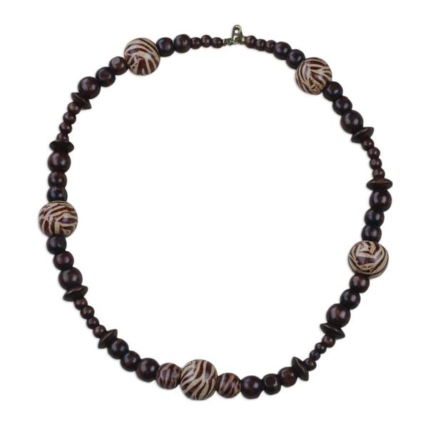 Alternate image for Zebra Motif Sese Wood Beaded Necklace from Ghana Zebra Queen