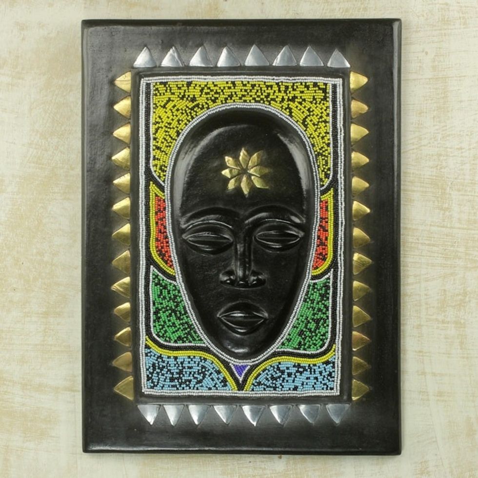 Original African Wood Wall Art with Glass Bead Accents 'Ayeye'