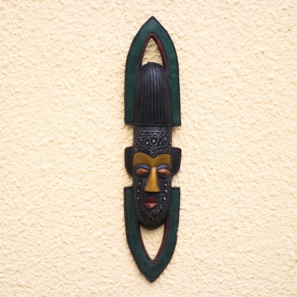 Hand Carved African Sese Wood and Aluminum Mask from Ghana 'North and South'