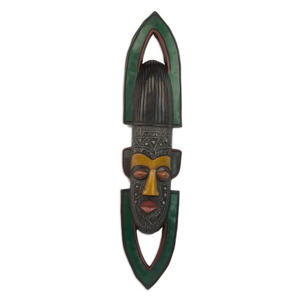 Alternate image for Hand Carved African Sese Wood and Aluminum Mask from Ghana North and South