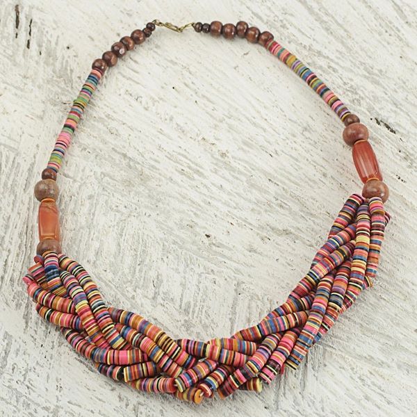 Alternate image for Artisan Multicolor Braided Bead Necklace with Wood and Agate Multicolor Sosongo