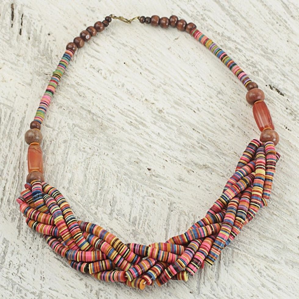 Artisan Multicolor Braided Bead Necklace with Wood and Agate 'Multicolor Sosongo'
