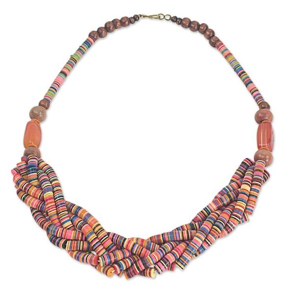 Alternate image for Artisan Multicolor Braided Bead Necklace with Wood and Agate Multicolor Sosongo
