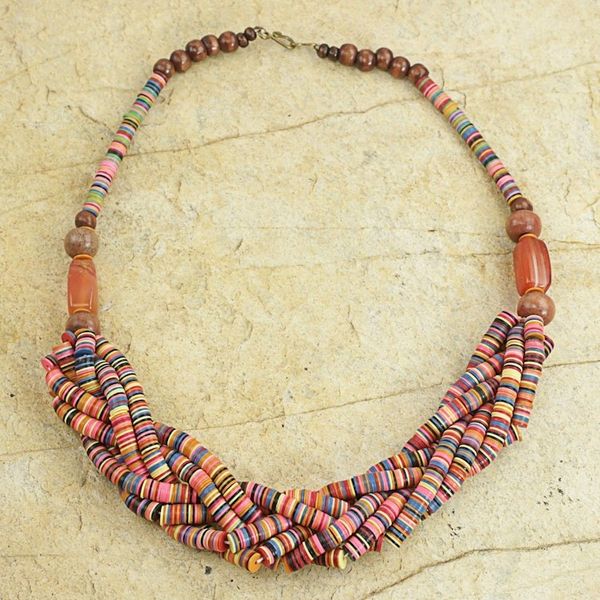 Alternate image for Artisan Multicolor Braided Bead Necklace with Wood and Agate Multicolor Sosongo