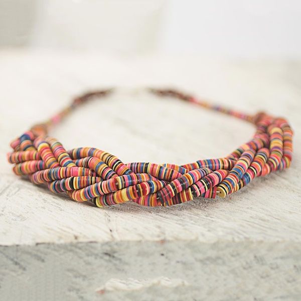 Alternate image for Artisan Multicolor Braided Bead Necklace with Wood and Agate Multicolor Sosongo