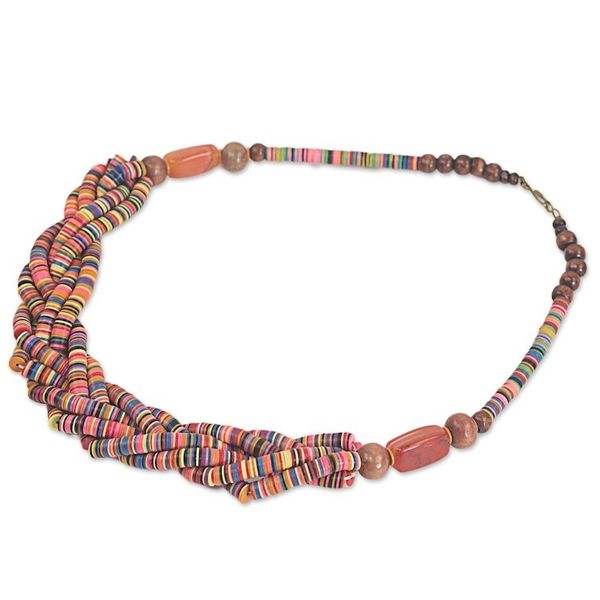 Alternate image for Artisan Multicolor Braided Bead Necklace with Wood and Agate Multicolor Sosongo