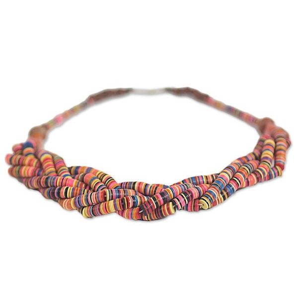 Alternate image for Artisan Multicolor Braided Bead Necklace with Wood and Agate Multicolor Sosongo