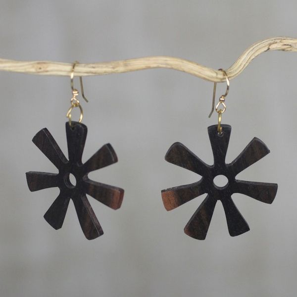 Alternate image for Ebony Wood Adinkra Flower Dangle Earrings from Ghana Fofoo Flower