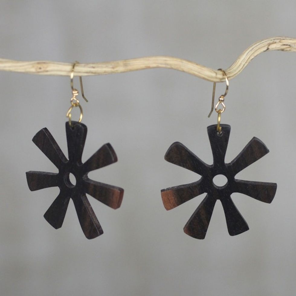Ebony Wood Adinkra Flower Dangle Earrings from Ghana 'Fofoo Flower'