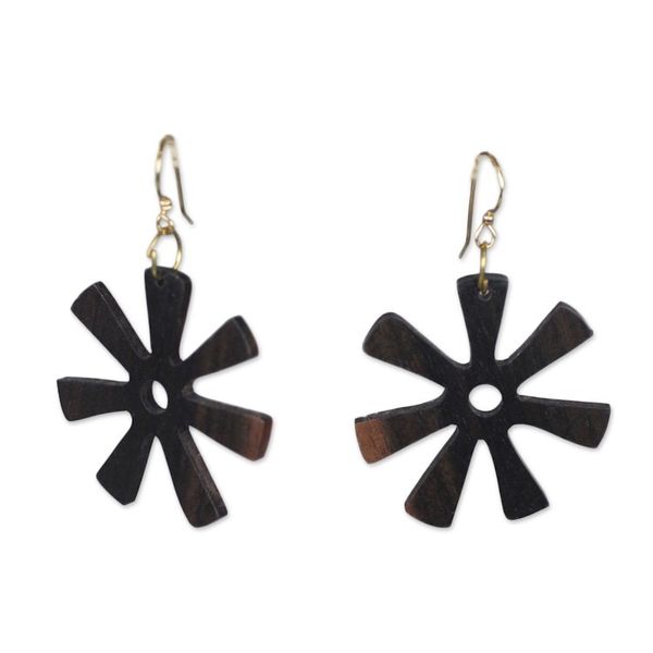 Alternate image for Ebony Wood Adinkra Flower Dangle Earrings from Ghana Fofoo Flower
