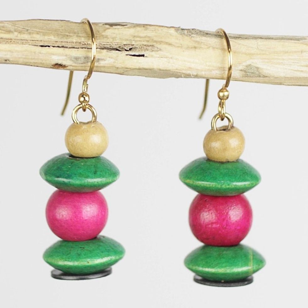 Pink and Green Stacked Sese Wood Beaded Dangle Earrings 'Raspberry Bush'