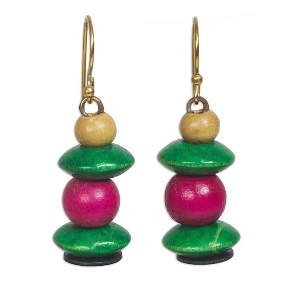 Alternate image for Pink and Green Stacked Sese Wood Beaded Dangle Earrings Raspberry Bush