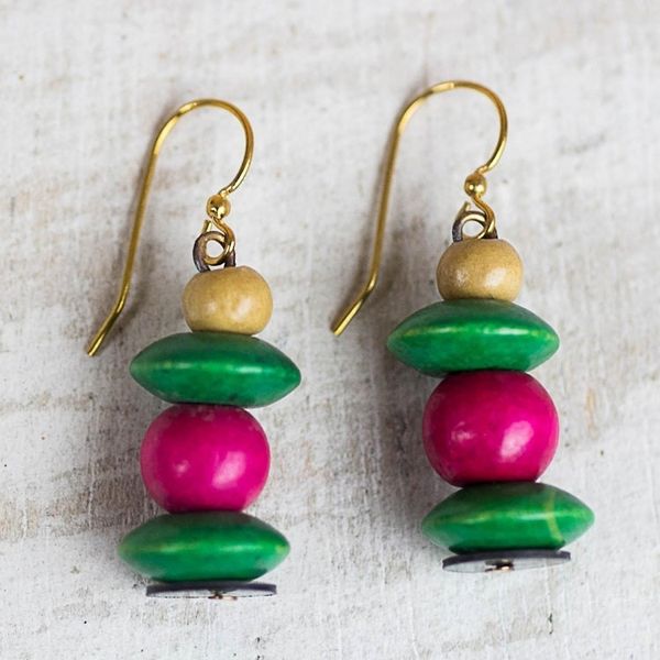 Alternate image for Pink and Green Stacked Sese Wood Beaded Dangle Earrings Raspberry Bush