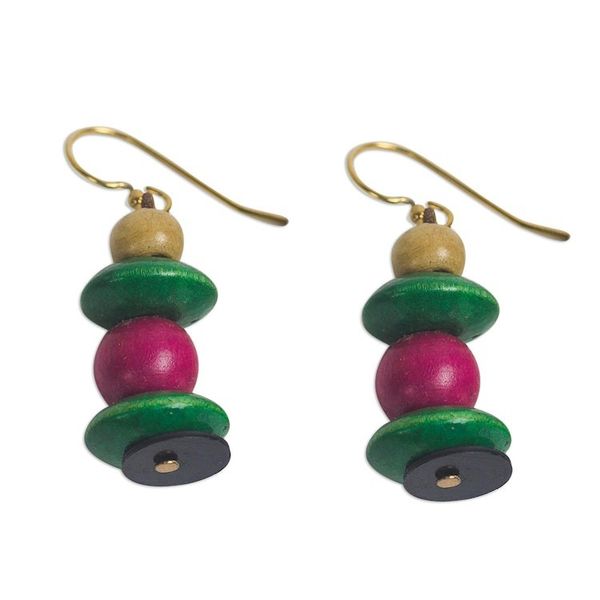 Alternate image for Pink and Green Stacked Sese Wood Beaded Dangle Earrings Raspberry Bush