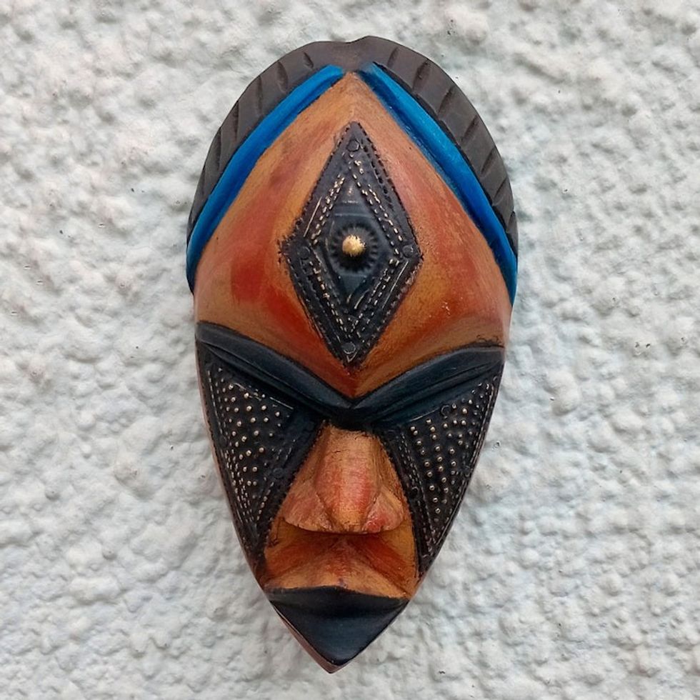 Hand Carved African Sese Wood Mask with Brass Plate 'Jabu'