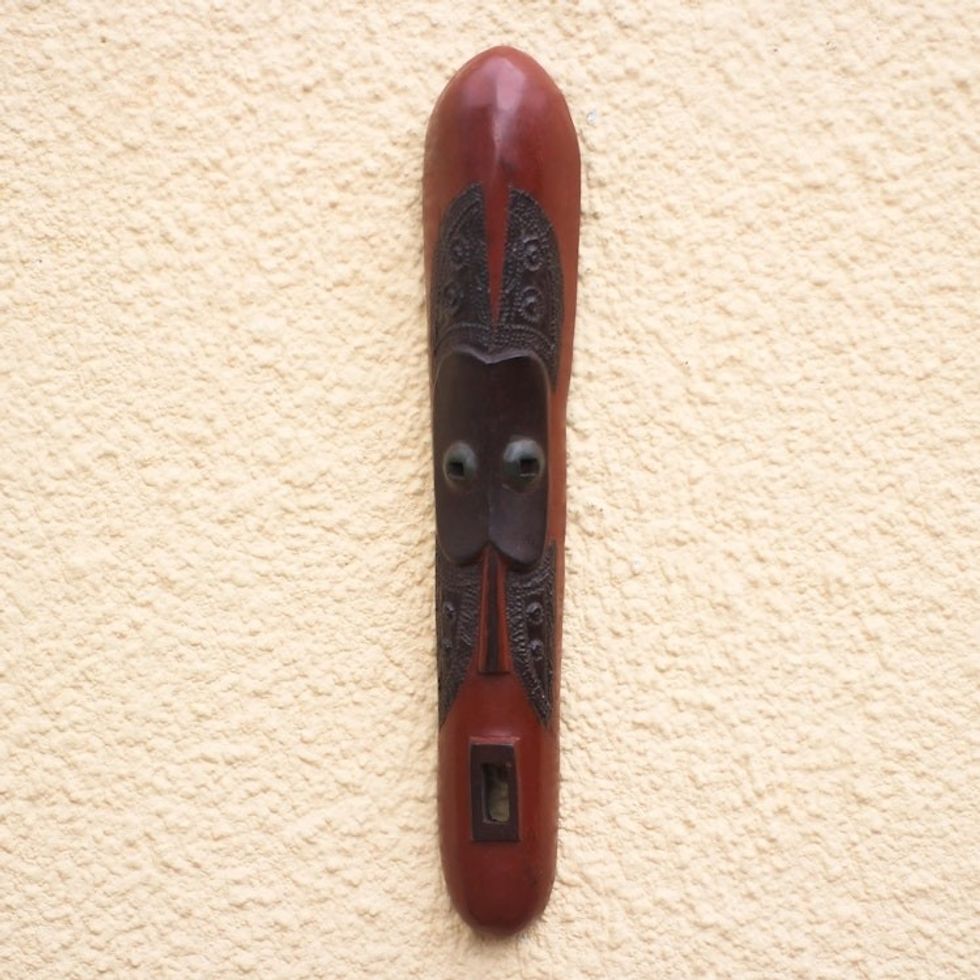 Sese Wood and Aluminum African Mask Oblong from Ghana 'Gelede Dance'