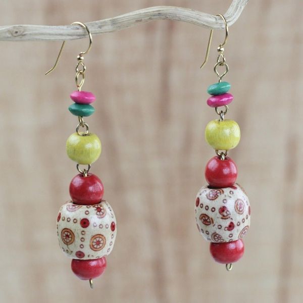 Alternate image for Handmade Colorful Wood Beaded Dangle Earrings from Ghana Joyful Sunrise