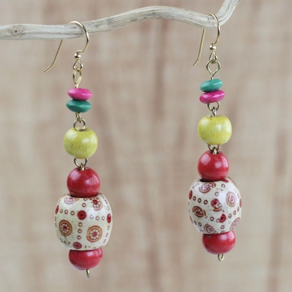 Handmade Colorful Wood Beaded Dangle Earrings from Ghana 'Joyful Sunrise'