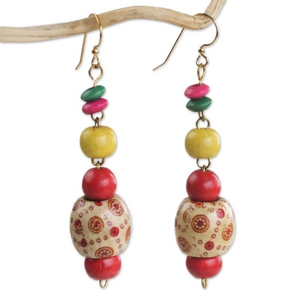 Alternate image for Handmade Colorful Wood Beaded Dangle Earrings from Ghana Joyful Sunrise