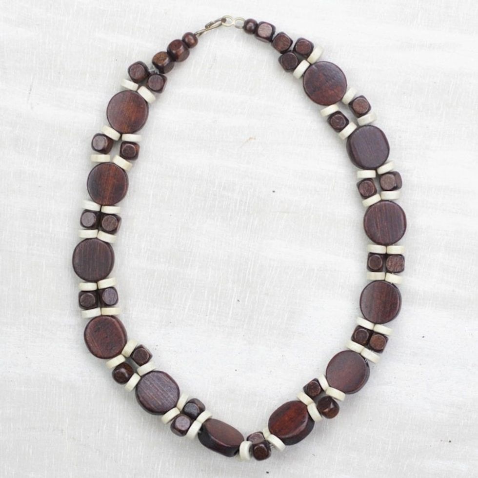 Brown and White Wood Beaded Necklace from Ghana 'Guidance'
