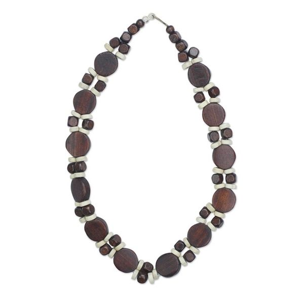 Alternate image for Brown and White Wood Beaded Necklace from Ghana Guidance