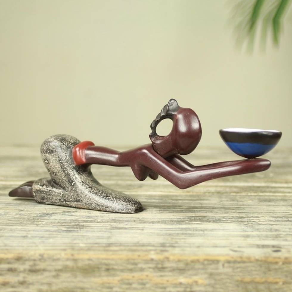 Artisan Crafted Wood and Clay Sculpture from Ghana 'Blue Offering Bowl'