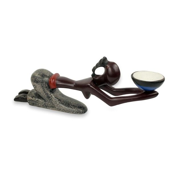 Alternate image for Artisan Crafted Wood and Clay Sculpture from Ghana Blue Offering Bowl