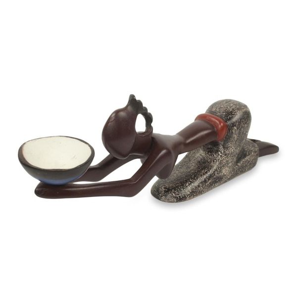 Alternate image for Artisan Crafted Wood and Clay Sculpture from Ghana Blue Offering Bowl