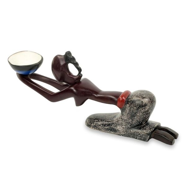 Alternate image for Artisan Crafted Wood and Clay Sculpture from Ghana Blue Offering Bowl