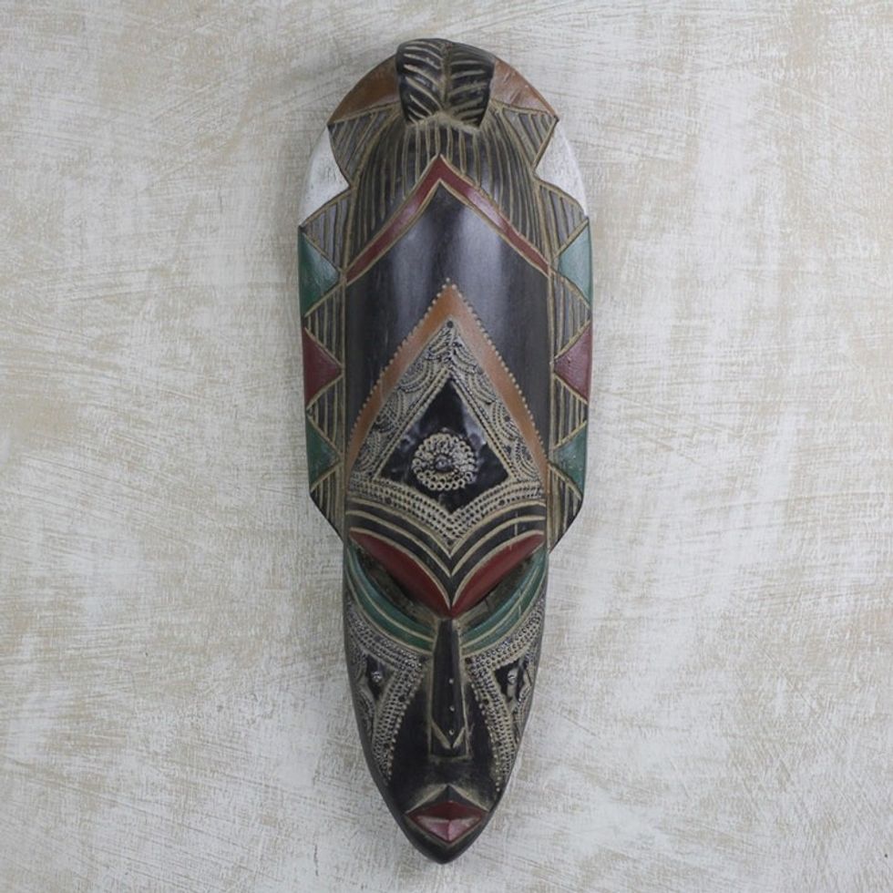Sese Wood and Aluminum Wall Mask Hand Carved in Ghana 'Obra'